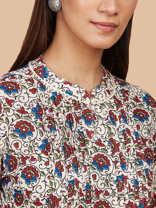 Floral Printed Tiered Gathered Linen A-Line Ethnic Dress