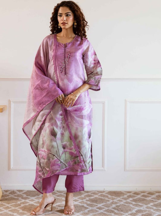 Floral Printed Sequinned Tussar Silk Straight Kurta