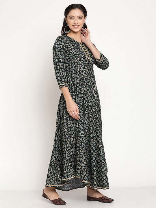 Be Indi Navy Blue Ethnic Motifs Ethnic Maxi Dress