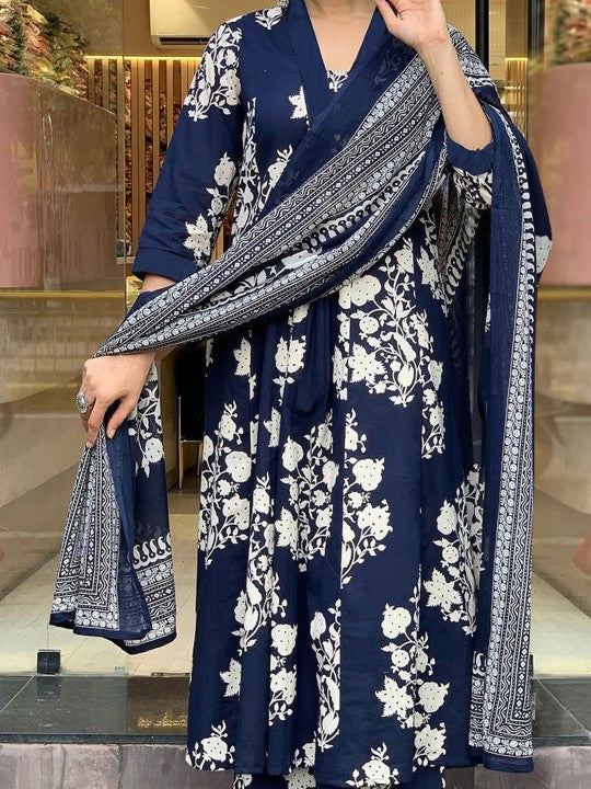 GoSriKi Floral Printed V-Neck A-Line Kurta With Palazzos And Dupatta