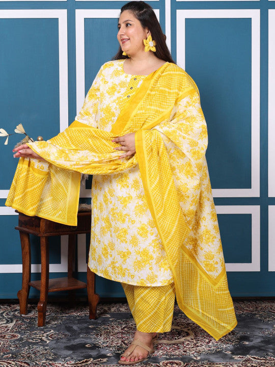 Swasti Plus Size Floral Printed Pure Cotton Straight Kurta with Palazzos & With Dupatta