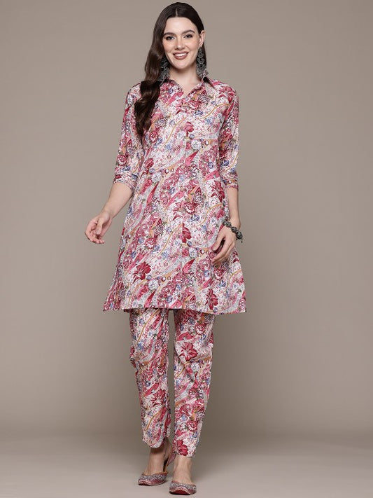 Floral Printed Pure Cotton Tunic With Trousers
