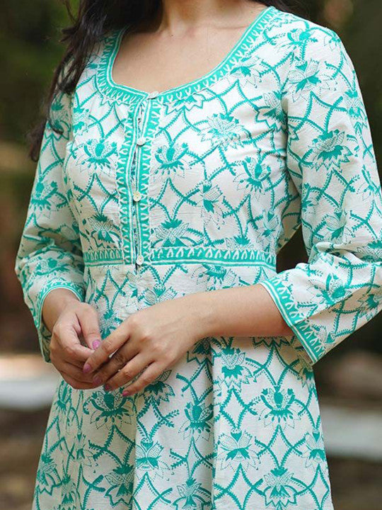Chidiyaa MMG Chamomiles Calm Teal Green Block Printed Cotton Dress
