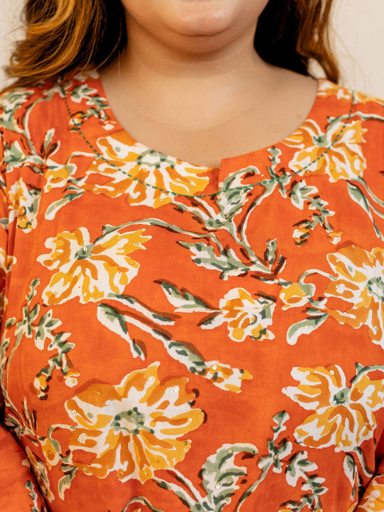 Floral Printed Sequinned Pure Cotton Kurta with Trouser & Dupatta