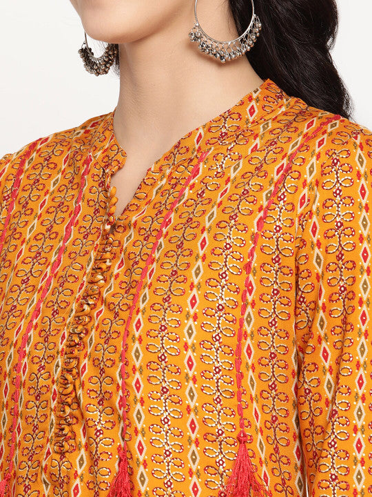 Be Indi Rayon Embroidered and Ethnic Motifs Printed Mandarin Collar Maxi Dress