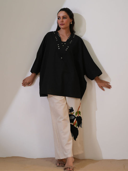 Black Pink Embellished V-Neck Co-Ord (Set of 2)