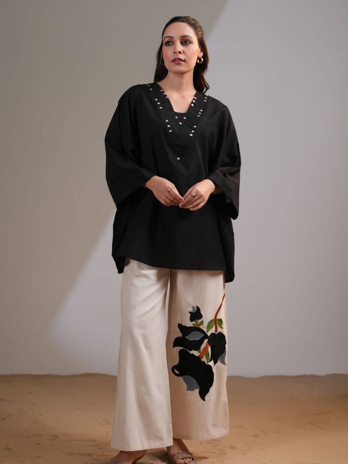 Black Pink Embellished V-Neck Co-Ord (Set of 2)