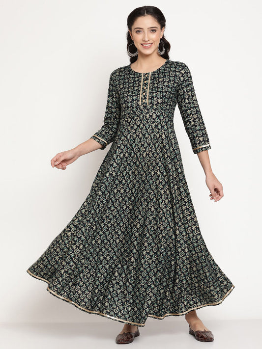 Be Indi Navy Blue Ethnic Motifs Ethnic Maxi Dress