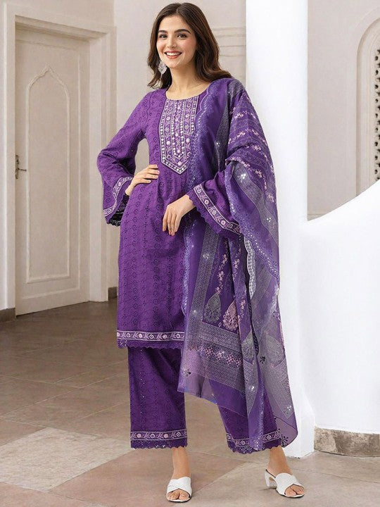 Ishin Floral Embroidered Mirror Work Pure Cotton Straight Kurta With Trouser & Dupatta