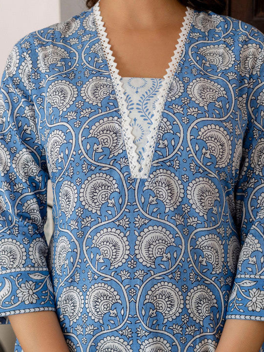 Indo Era Floral Printed Pure Cotton Kurta With Trousers & Dupatta