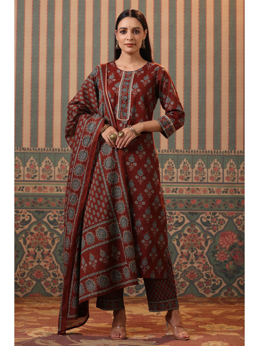 Women Rust Ethnic Printed Straight Kurta with Palazzo and Dupatta (Set of 3)