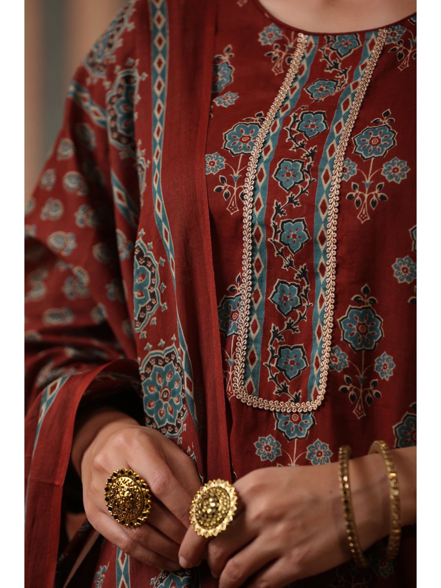 Women Rust Ethnic Printed Straight Kurta with Palazzo and Dupatta (Set of 3)
