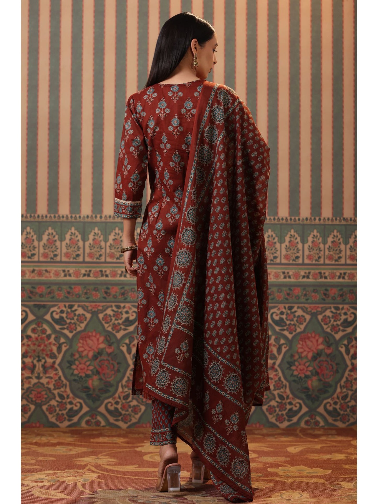 Women Rust Ethnic Printed Straight Kurta with Palazzo and Dupatta (Set of 3)