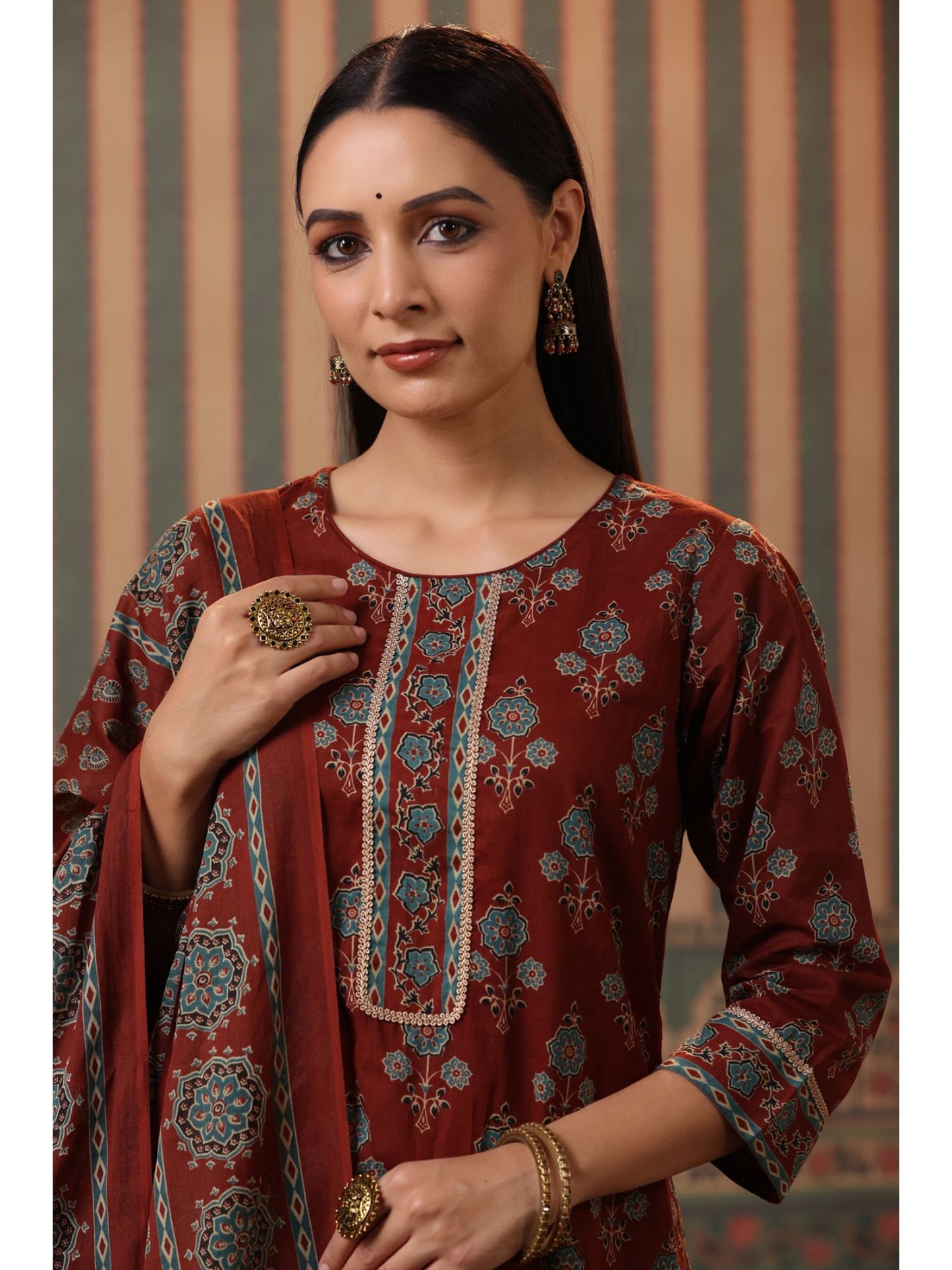 Women Rust Ethnic Printed Straight Kurta with Palazzo and Dupatta (Set of 3)