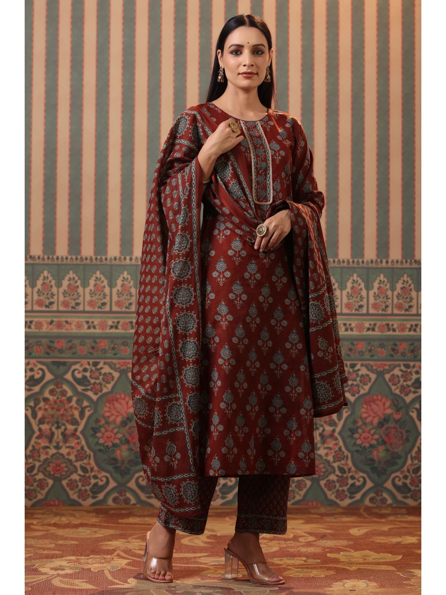 Women Rust Ethnic Printed Straight Kurta with Palazzo and Dupatta (Set of 3)