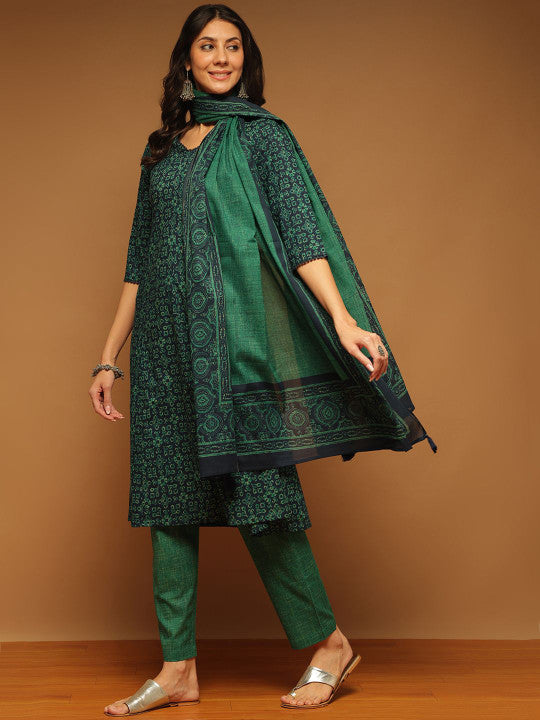 Anouk Floral Printed V-Neck Pure Cotton Kurta With Trousers & Dupatta