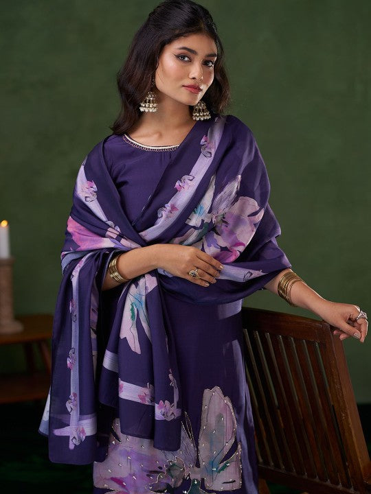 Anouk Floral Printed Sequnnied Straight Kurta