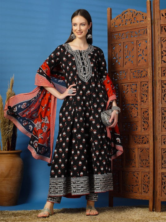 Floral Printed Thread Work Pure Cotton Anarkali Kurta with Trouser & Dupatta