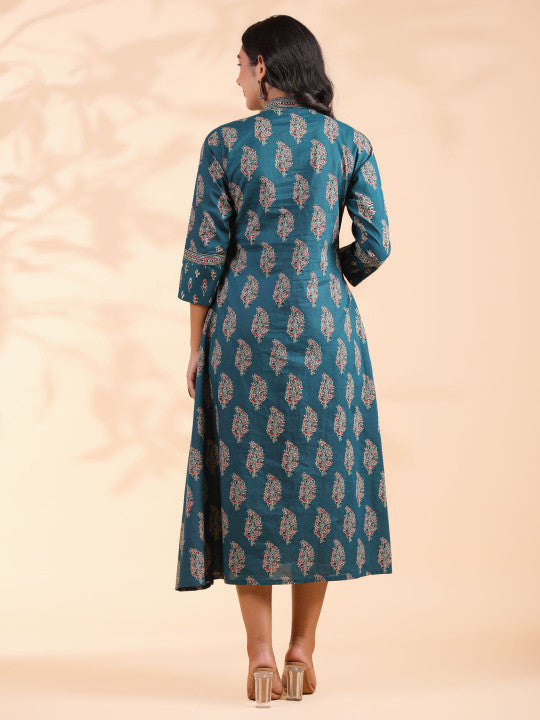 Vbuyz Ethnic Motifs Printed Cotton A-Line Midi Dress