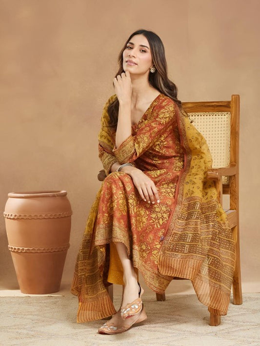 Fabindia Floral Printed Cotton Silk A-Line Kurta With Trousers & Dupatta
