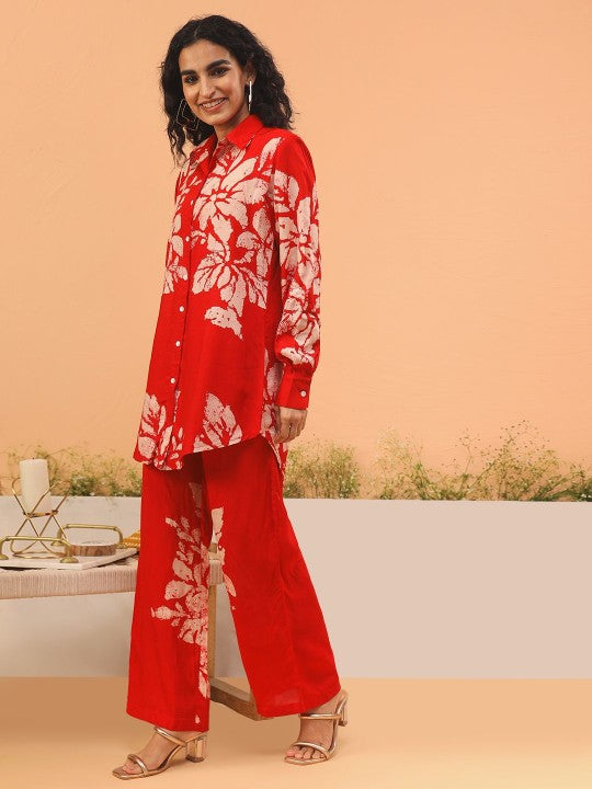 ARAVALII Floral Printed Shirt With Trousers
