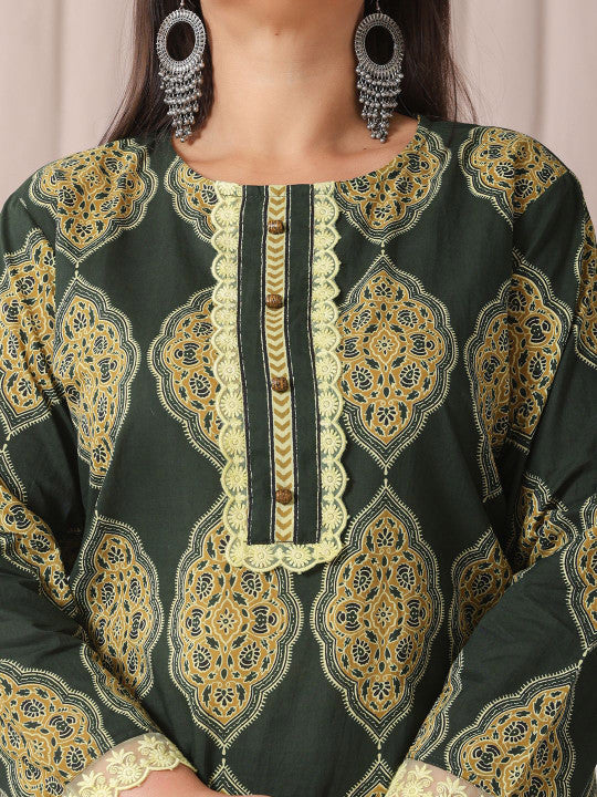 Yufta Plus Size Ethnic Motifs Printed Pure Cotton Straight Kurta With Trousers & Dupatta