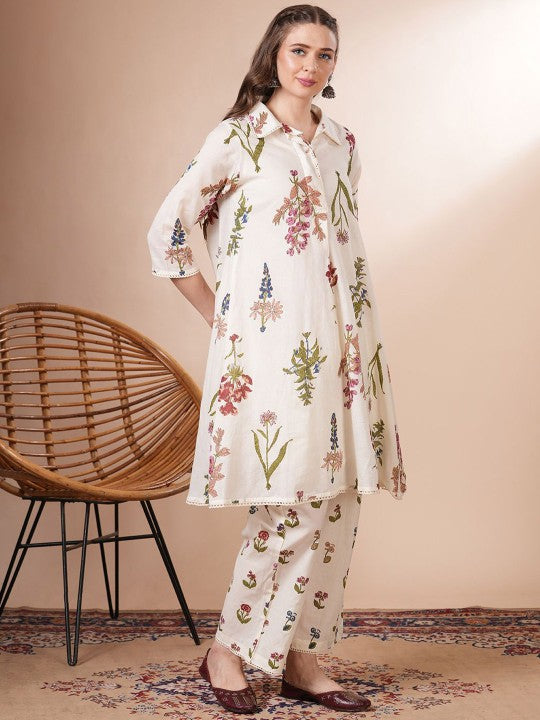 FASHOR Printed Shirt Collar Cotton Tunic With Trouser Co-Ords