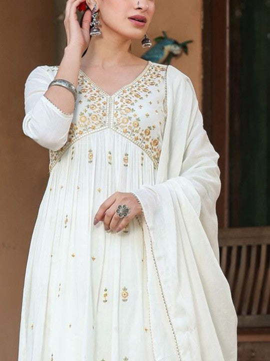 Women Off White Pure Cotton Embroidered A-line Kurta