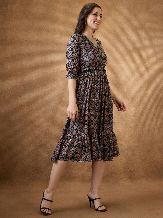 Globus Ethnic Motifs V-Neck Tie-Up Sleeves Frill Detail Tiered Midi A-Line Fusion Dress