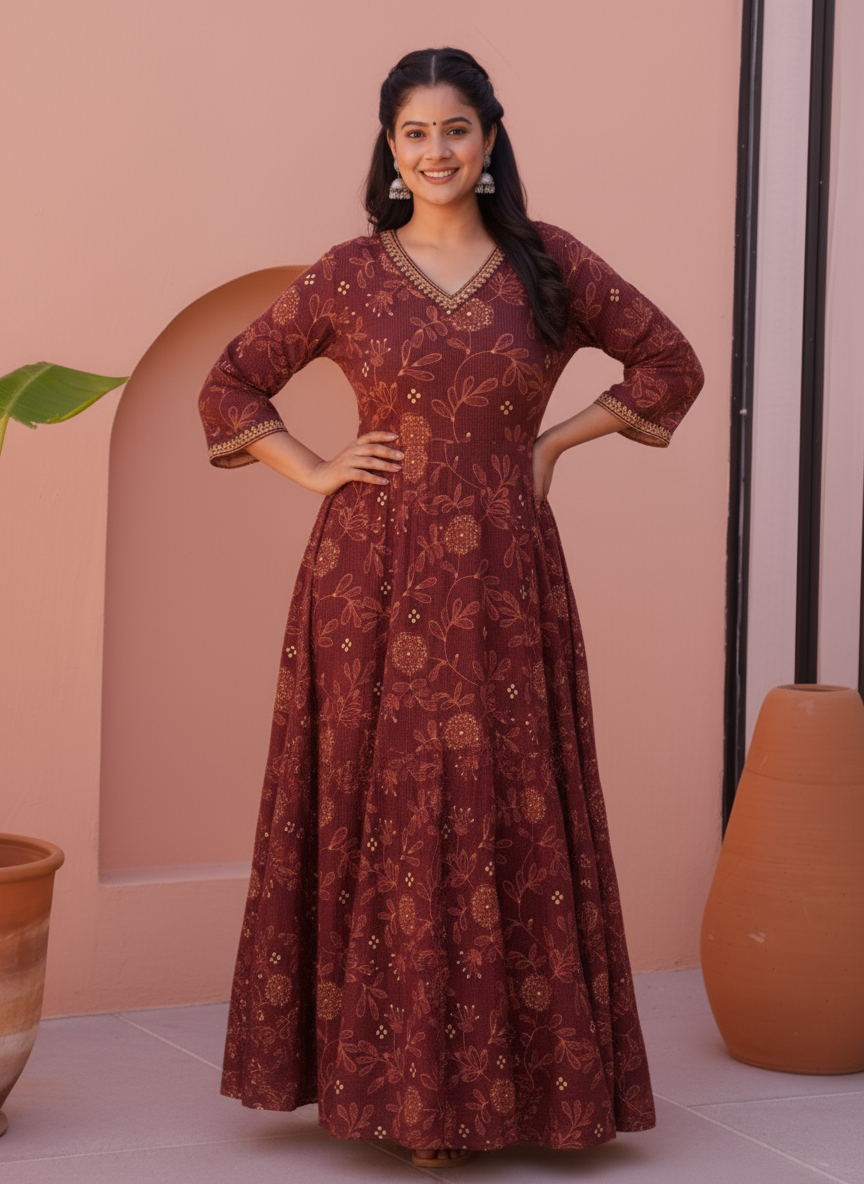 Viscose Floral Anarkali Maroon Dress