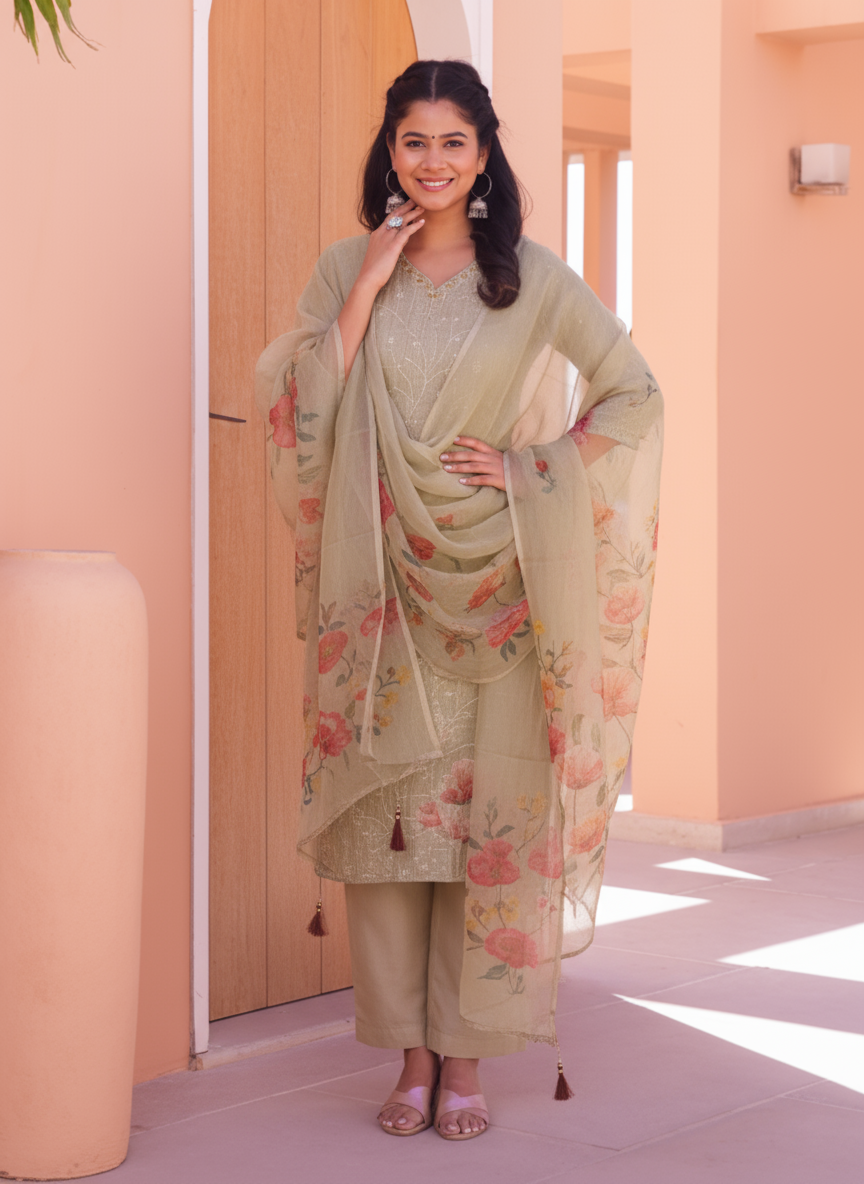 Embroidered Cotton SIlk A-line Kurta