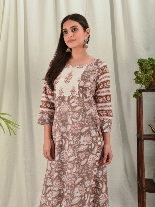 House of Dhaaga Women Brown Floral Block Print Kurta