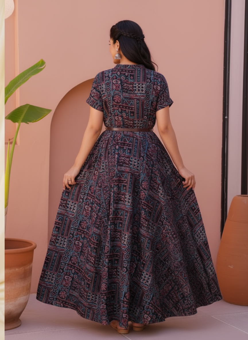 Viscose Patchwork A-line Black Dress