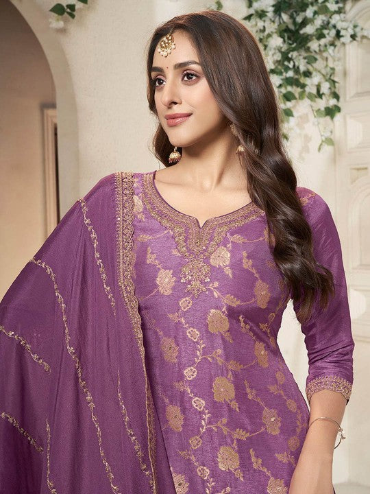 Floral Woven Design Notch Neck Pure Silk Straight Kurta