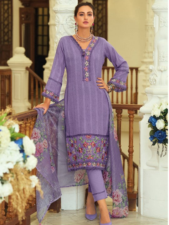 Varanga Geometric Printed Notch Neck Thread Work Pure Cotton Kurta With Trouser & Dupatta