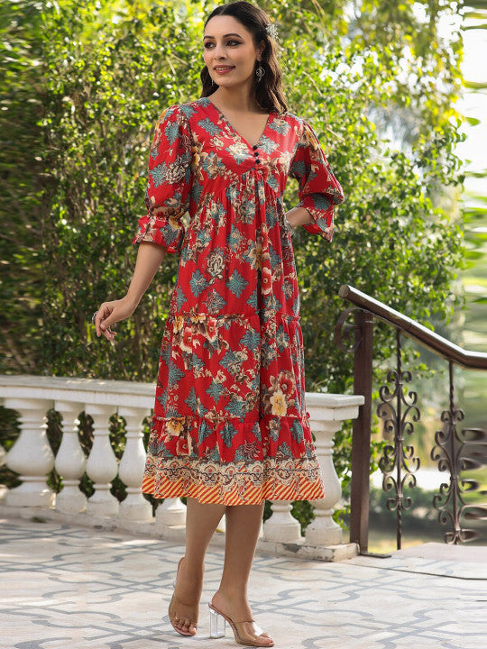 Floral Printed Pure Cotton Knee-Length A-Line Ethnic Dress
