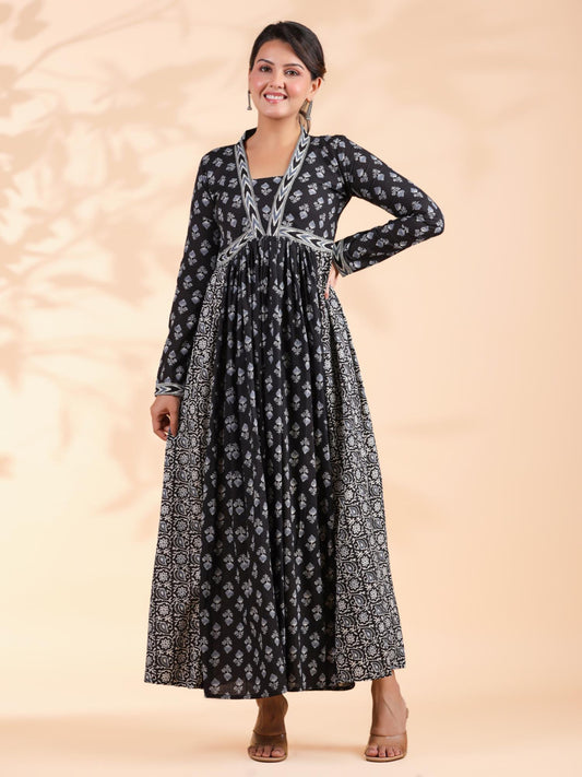 Women Alia Cut Anarkali Cotton Black Dress