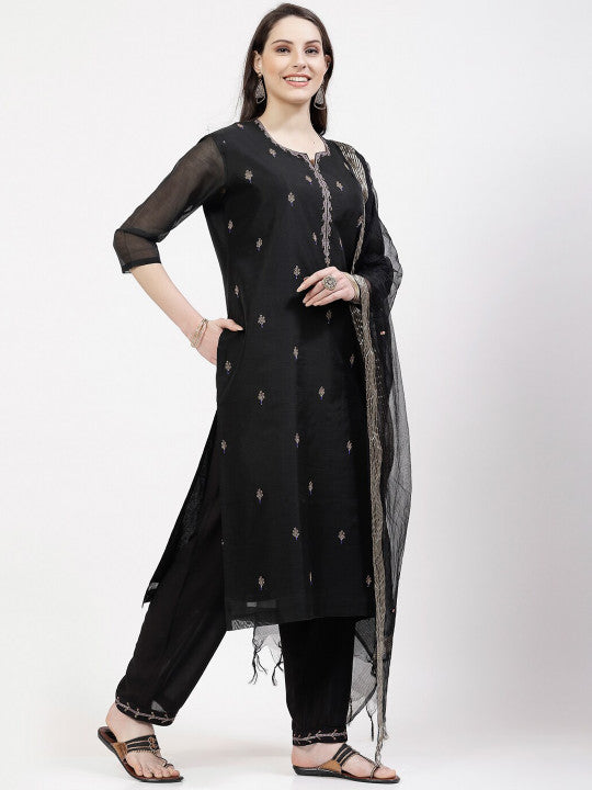 DART STUDIO Ethnic Motifs Embroidered Regular Zardozi Chanderi Silk Kurta with Trousers