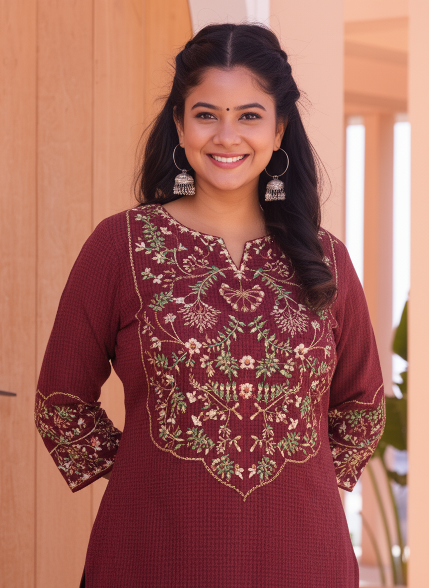 Embroidered Viscose Solid Straight Maroon Kurta