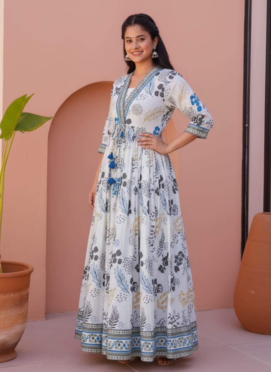 Soft Cotton Foliage Anarkali White Dress