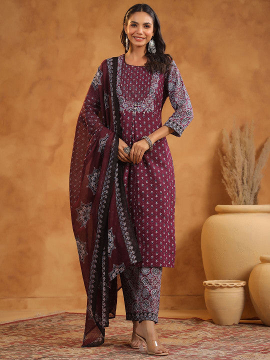 Indo Era Floral Printed Pure Cotton Kurta With Trousers And Dupatta
