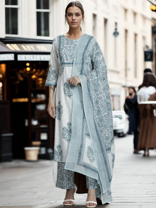 Jaipur Kurti Floral Printed Cotton Kurta Set With Dupatta