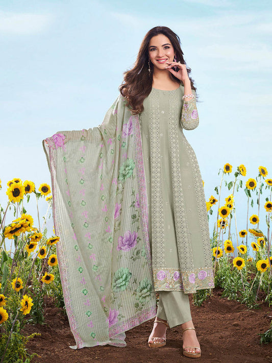 Inddus Floral Embroidered Round Neck Chikankari Anarkali Kurta & Trousers With Dupatta