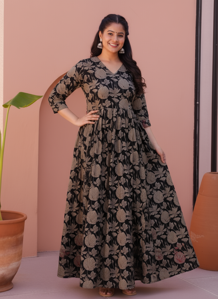 Embroidered Soft Cotton Floral Angrakha Black Dress