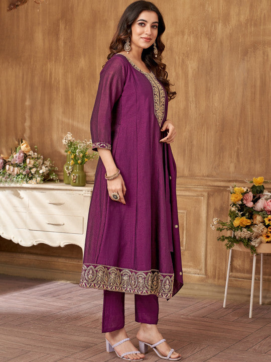 VEDANT VASTRAM Floral Embroidered Sequinned Silk Georgette Kurta With Trouser & Dupatta