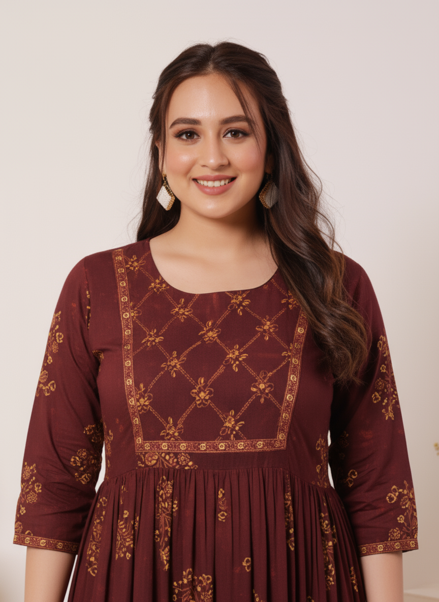 Viscose Floral Anarkali Maroon Kurta