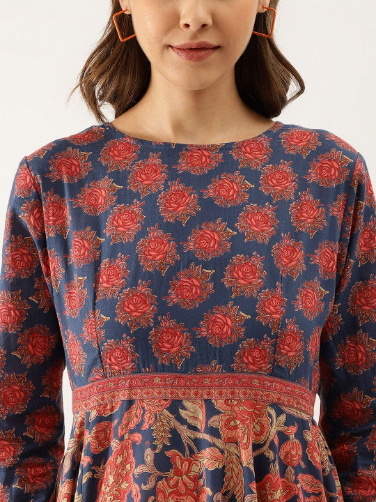Divena Floral Printed Pure Cotton Fit and Flare Maxi Ethnic Dress