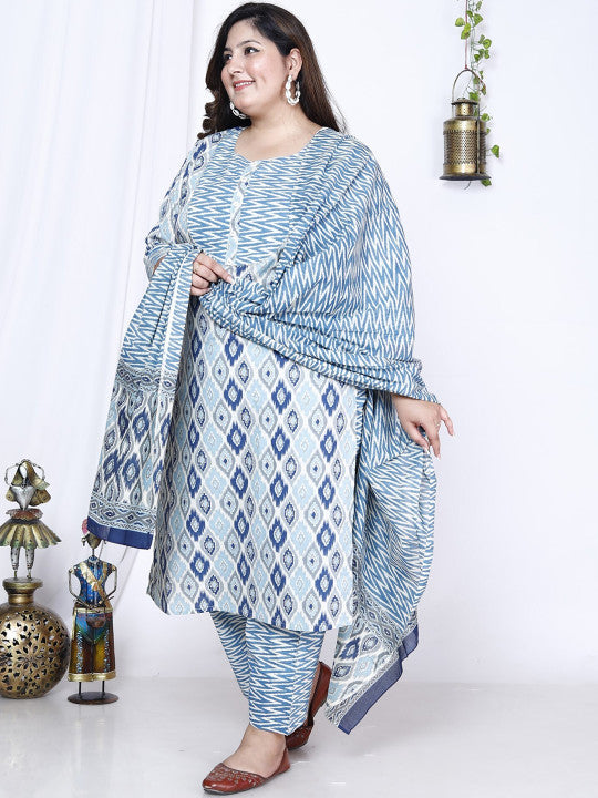 Floral Printed Sequinned Pure Cotton Kurta With Trousers & Dupatta