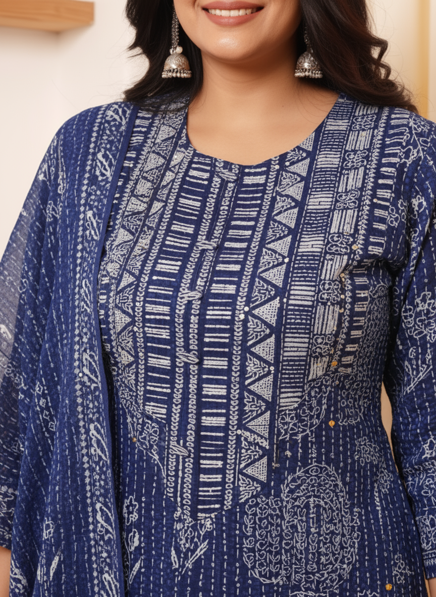 Viscose Floral Straight Indigo blue Kurta