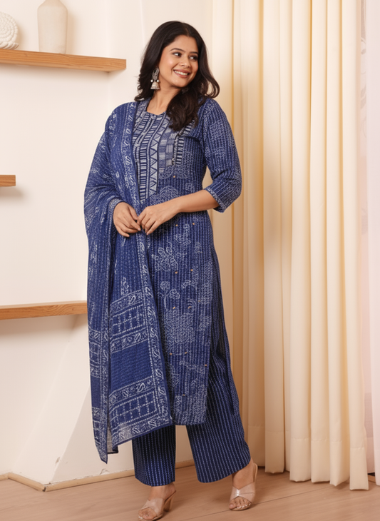 Viscose Floral Straight Indigo blue Kurta